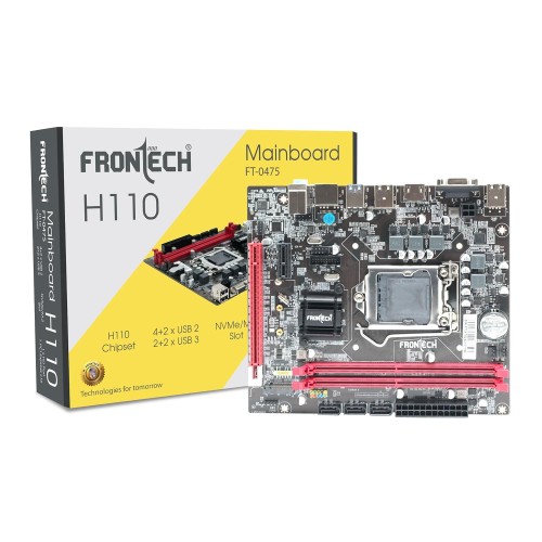 FRONTECH H110 Chipset Motherboard with 2xDDR4 RAM Slots LGA1151 Supports 6/7/8th (SKYlake), 14nm CPUs Processors 2xUSB 3.0, 4xUSB 2.0 4xSATA Slots NVME Slots, 1xPCIEX16, 1xHDMI, 1xVGA