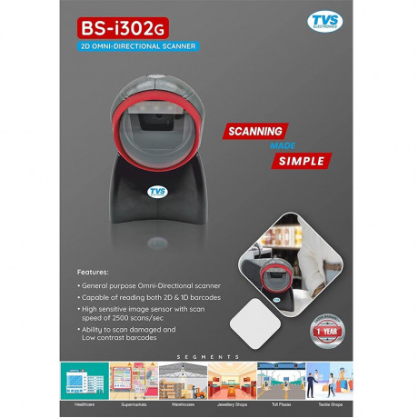 TVS Electronics BS-i302 G 2D Wired Omni Directional Hands-Free Barcode Scanner