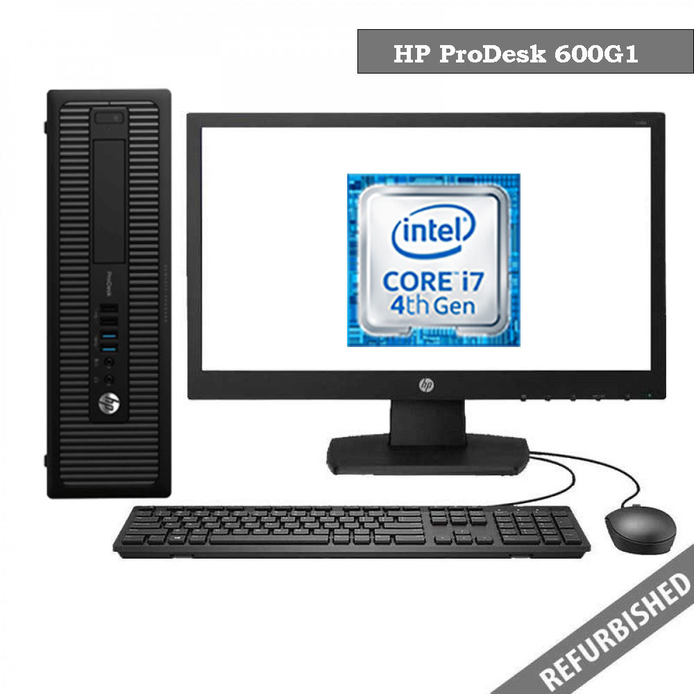 Refurbished HP ProDesk 600G1 SFF (i7 4th Gen, 8GB DDR3 RAM, 256GB SATA SSD, 19'' Monitor, Windows 10, 6 Months Warranty)