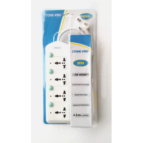 Stone Pro SP04-4.8 MT 4 Way Extension Box (4 Socket + Individual Switch, 250V, 10Amp, 2500W, 4.8 Meter Cable, White)