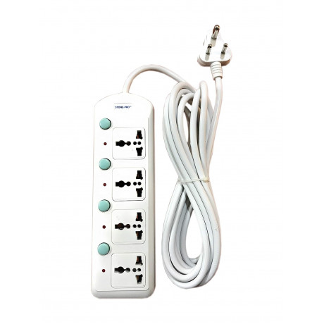 Stone Pro SP04-4.8 MT 4 Way Extension Box (4 Socket + Individual Switch, 250V, 10Amp, 2500W, 4.8 Meter Cable, White)