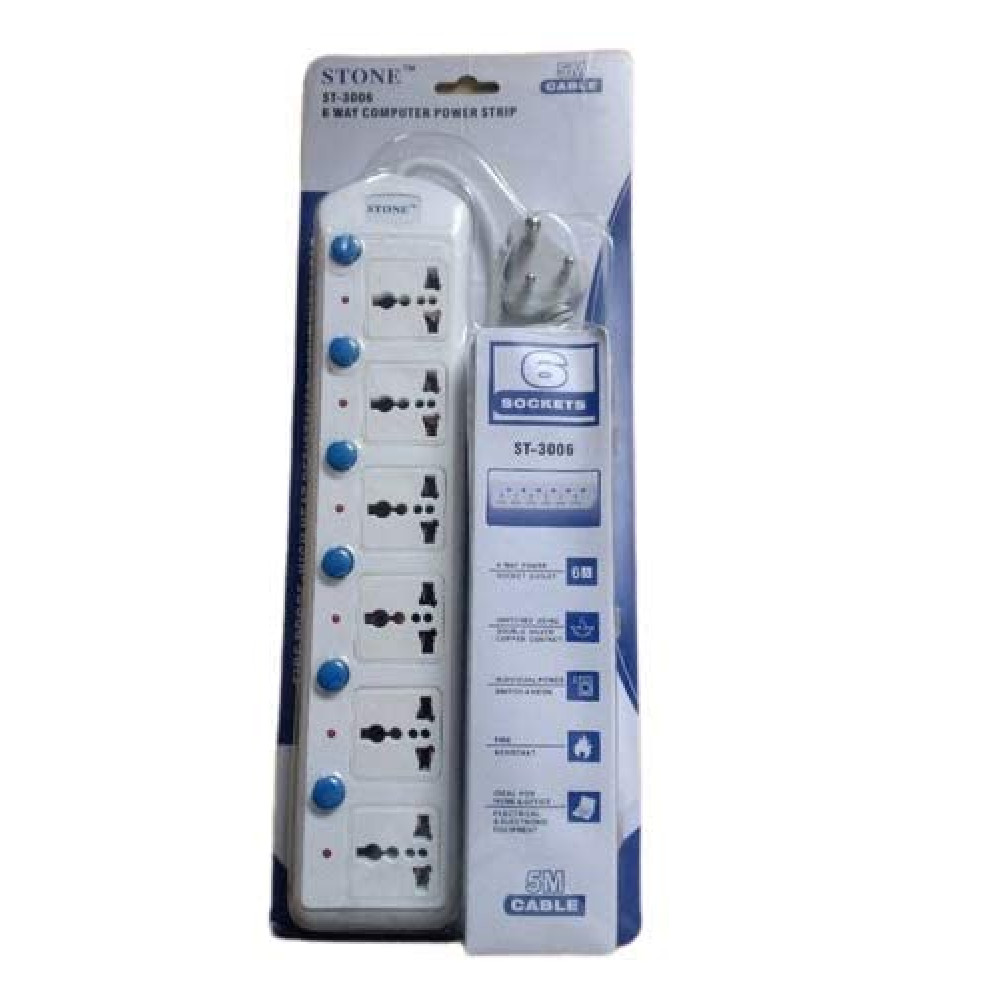 Stone Pro SP04-4.8 MT 6 Way Extension Box (6 Socket + Individual Switch, 250V, 10Amp, 2500W, 4.8 Meter Cable, White)